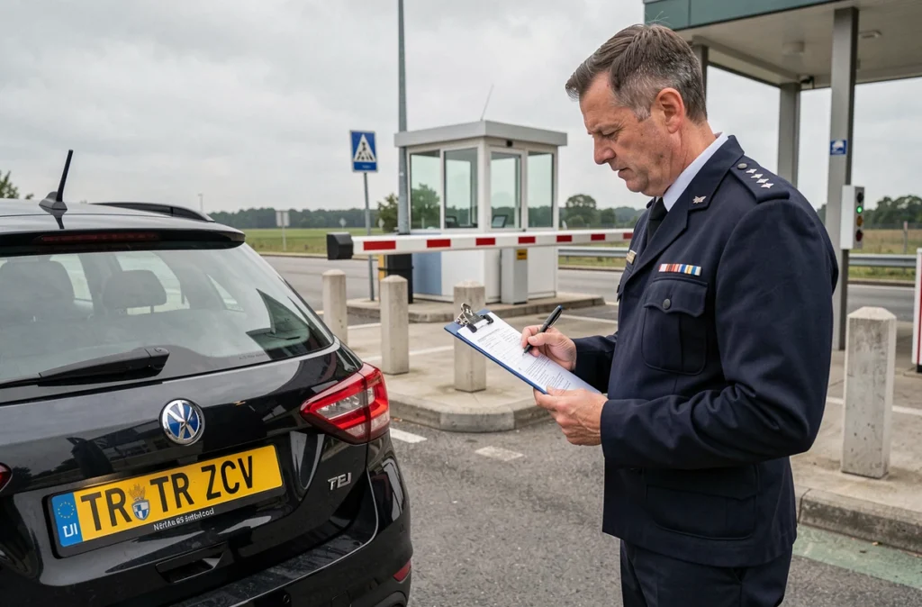 Agent douanier contrôlant une plaque d'immatriculation TR transit à un poste frontière européen