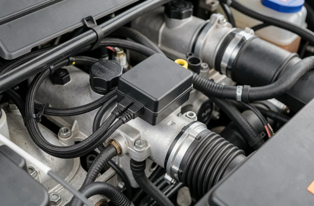 Boîtier additionnel électronique installé sur le rail d'injection d'un moteur diesel dans un compartiment moteur moderne