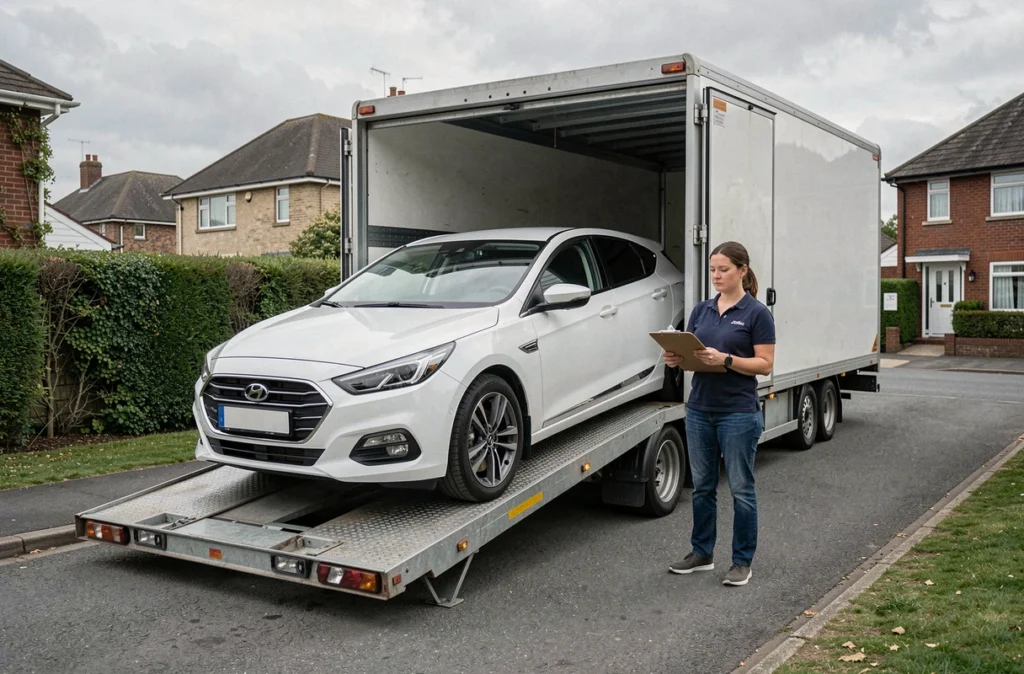 Femme vérifiant l'état d'une voiture sur un camion de transport automobile dans une rue résidentielle