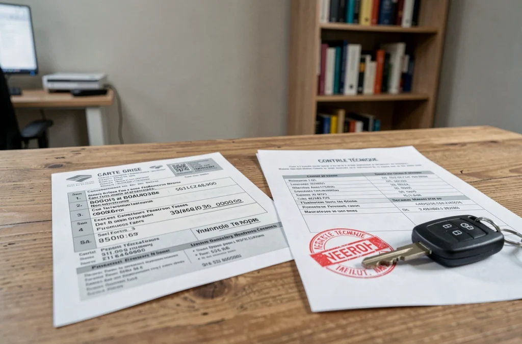 Carte grise et rapport de contrôle technique refusé sur un bureau, illustrant les conséquences administratives d'un défaut de contrôle