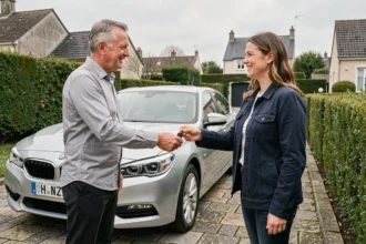 Un homme remet les clés de sa voiture à une femme lors d'une cession de véhicule dans une allée résidentielle