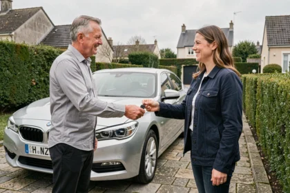 Un homme remet les clés de sa voiture à une femme lors d'une cession de véhicule dans une allée résidentielle