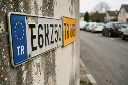 Comparaison de plaques d'immatriculation européenne standard et plaque TR transit montées sur un mur en béton
