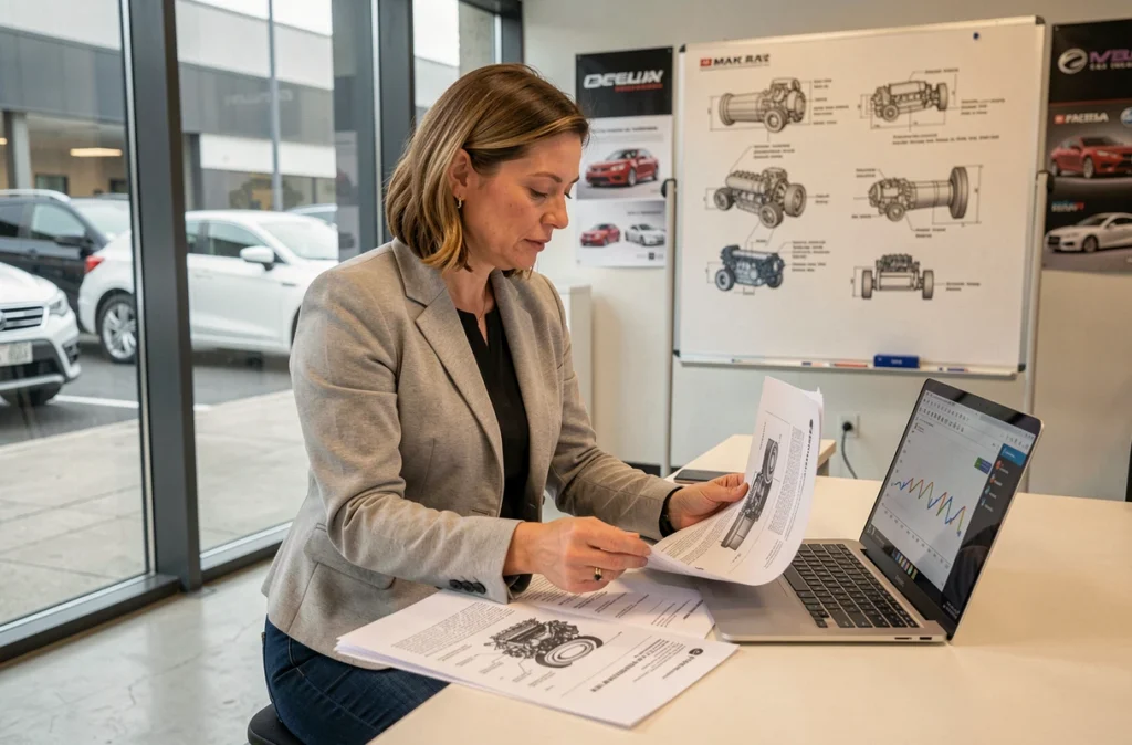 Conseillère automobile comparant les options de reprogrammation moteur et de boîtier additionnel dans un bureau de tuning moderne à Lille