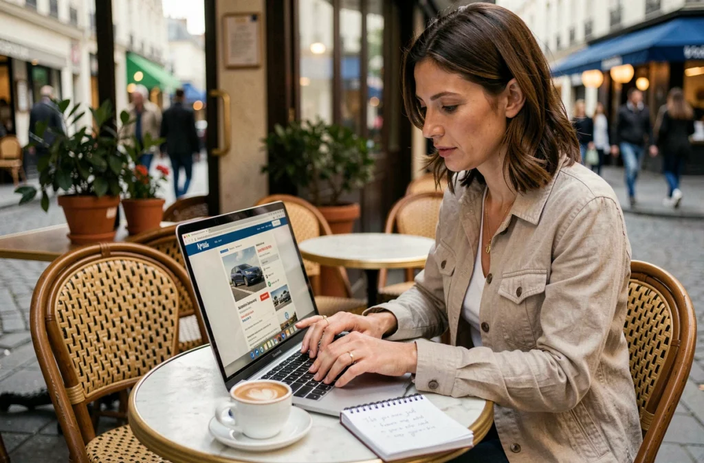 Femme comparant des avis de services de transport de voiture sur son ordinateur portable dans un café