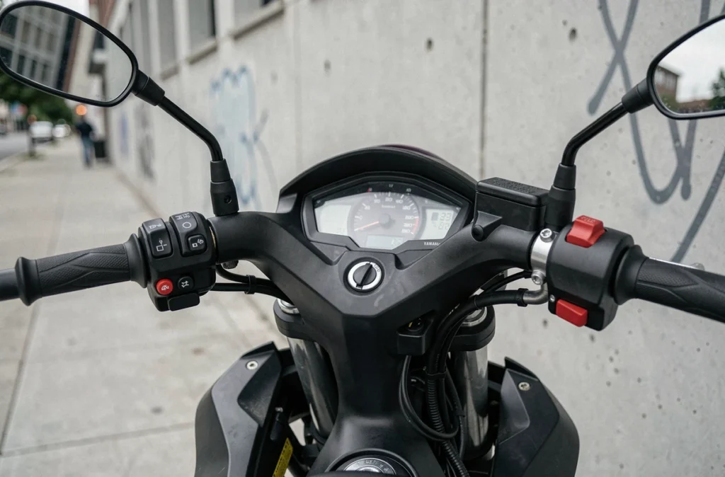 Tableau de bord et compteur de vitesse de la Yamaha MT-125 en gros plan, contexte urbain