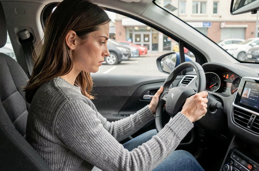 Conductrice consultant les voyants du tableau de bord de sa Peugeot 208 avec une expression préoccupée