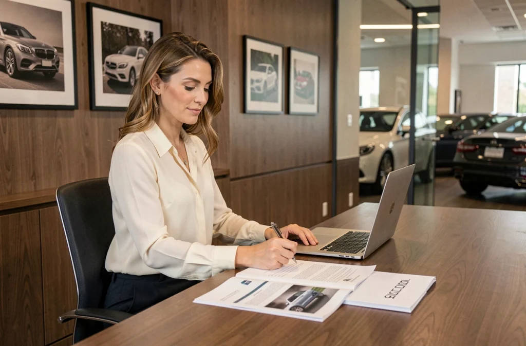 Femme consultant des documents lors d'une transaction de vente automobile prestige en concession