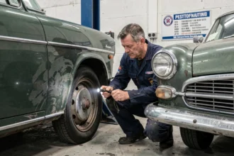 Mécanicien inspectant un véhicule de collection lors d'un contrôle technique dans un centre agréé en France