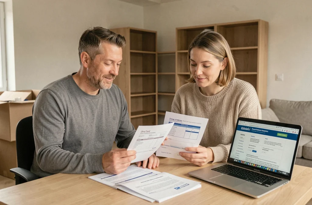 Couple mettant à jour leurs documents d'assurance auto et formulaires de changement d'adresse dans leur nouveau logement