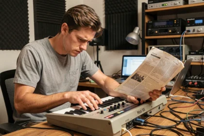 Jeune musicien débutant confus devant un synthétiseur Maxi 106 dans un studio maison encombré