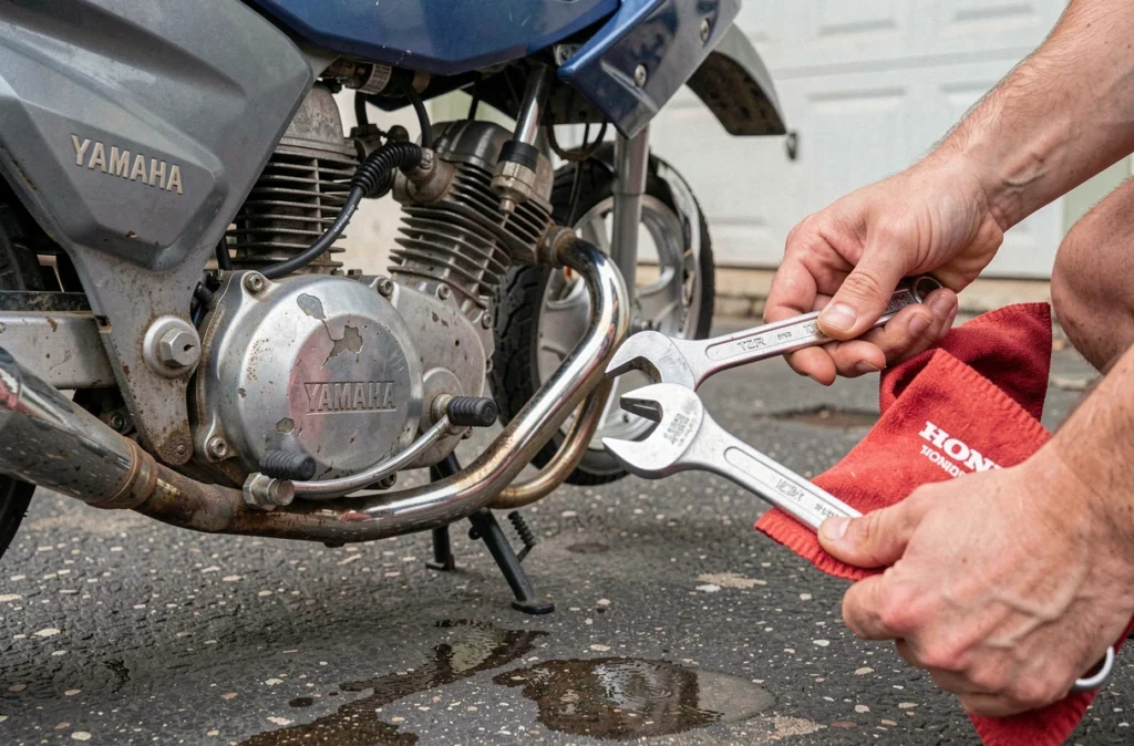 Gros plan sur le moteur et le câble des gaz d'une Yamaha TZR 50cc
