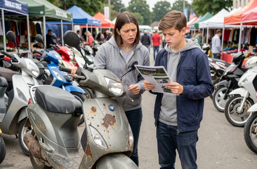 Parent et adolescent examinant les défauts d'un scooter 50cc mal choisi sur un marché, illustrant les erreurs à éviter lors de l'achat
