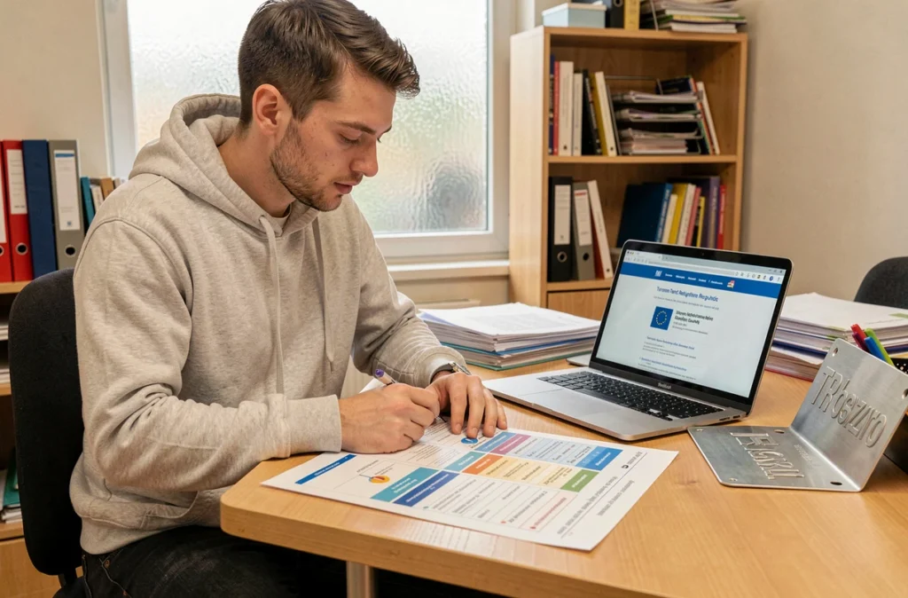Personne étudiant les différences entre plaques d'immatriculation TR et plaques européennes sur un bureau