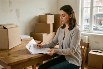 Femme consultant ses documents d'assurance auto lors d'un déménagement, entourée de cartons dans un appartement