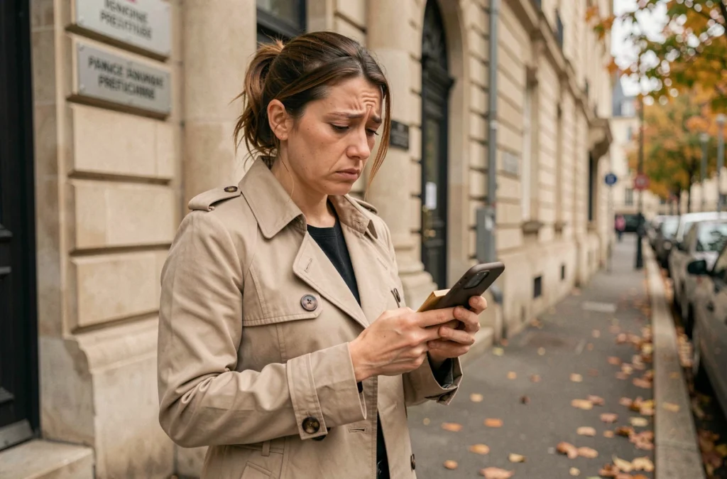 Femme inquiète devant une préfecture tenant des documents d'immatriculation suite à un défaut de contrôle technique