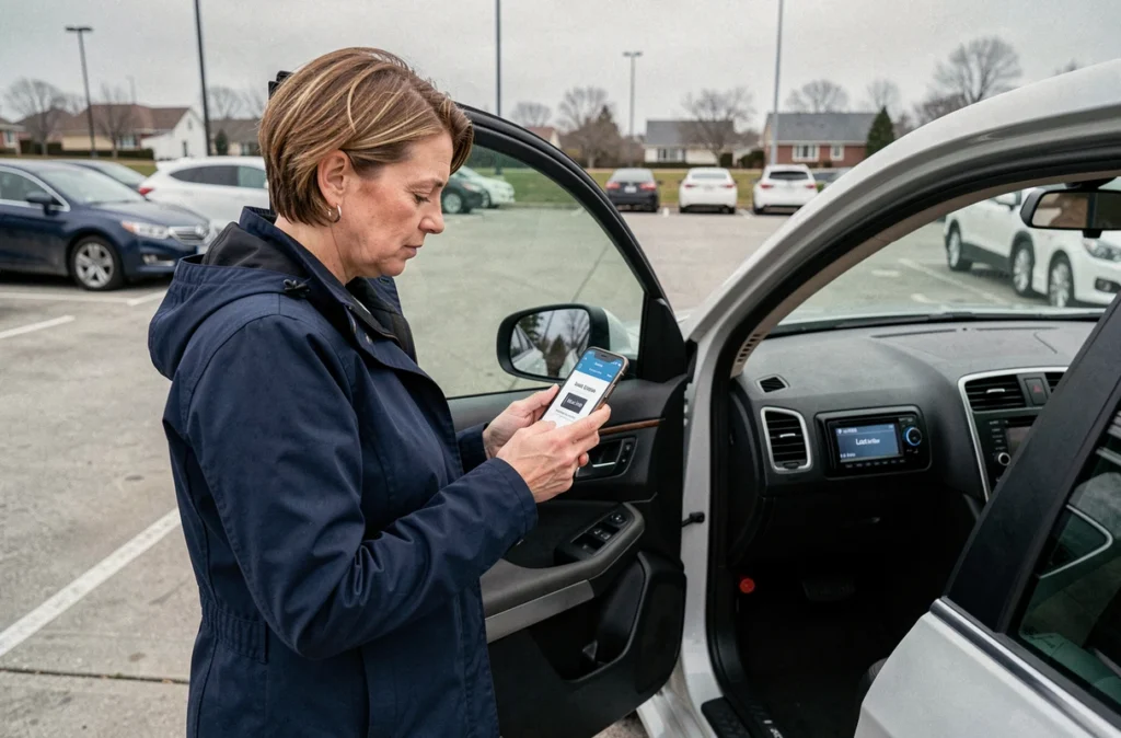 Femme consultant son téléphone pour récupérer un code autoradio débloqué gratuitement