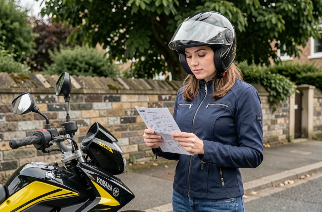 Jeune femme consultant une liste de réglages pour sa Yamaha TZR 50cc en ville