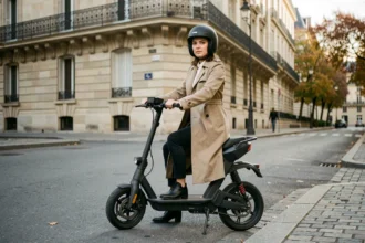 Jeune femme avec un scooter électrique Mober devant un immeuble haussmannien à Paris