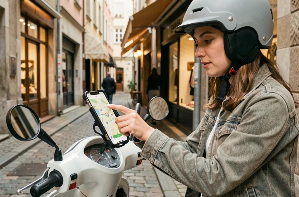 Femme sur scooter blanc consultant son GPS smartphone en ville dans une ruelle pavée