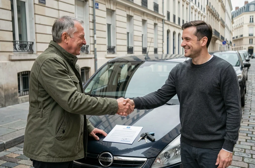 Deux hommes finalisent la transmission de propriété d'un véhicule avec une poignée de main et les documents signés
