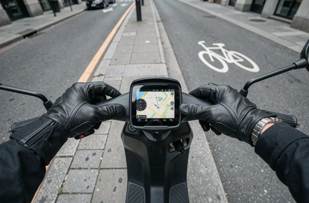 Gros plan mains gantées réglant un GPS sur le guidon d'un scooter urbain