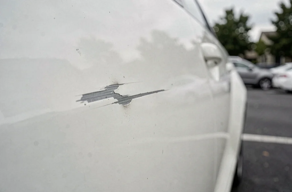 Gros plan sur des rayures de carrosserie avec peinture écaillée sur une portière de voiture blanche