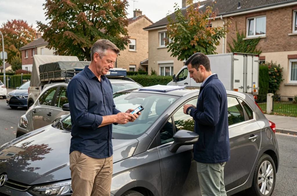 Homme consultant son application d'assurance auto et ses papiers lors d'un jour de déménagement devant sa voiture chargée