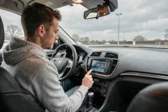 Homme entrant un code sur l'autoradio bloqué de sa voiture, vue intérieur habitacle