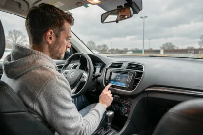Homme entrant un code sur l'autoradio bloqué de sa voiture, vue intérieur habitacle