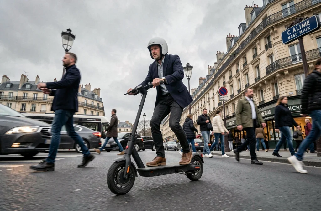 Homme à scooter électrique en mouvement dans une rue animée de Paris