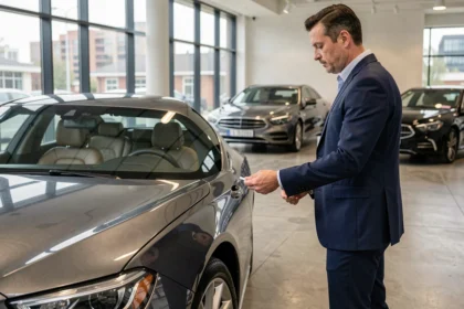 Homme examinant une voiture de prestige dans une concession haut de gamme avant achat