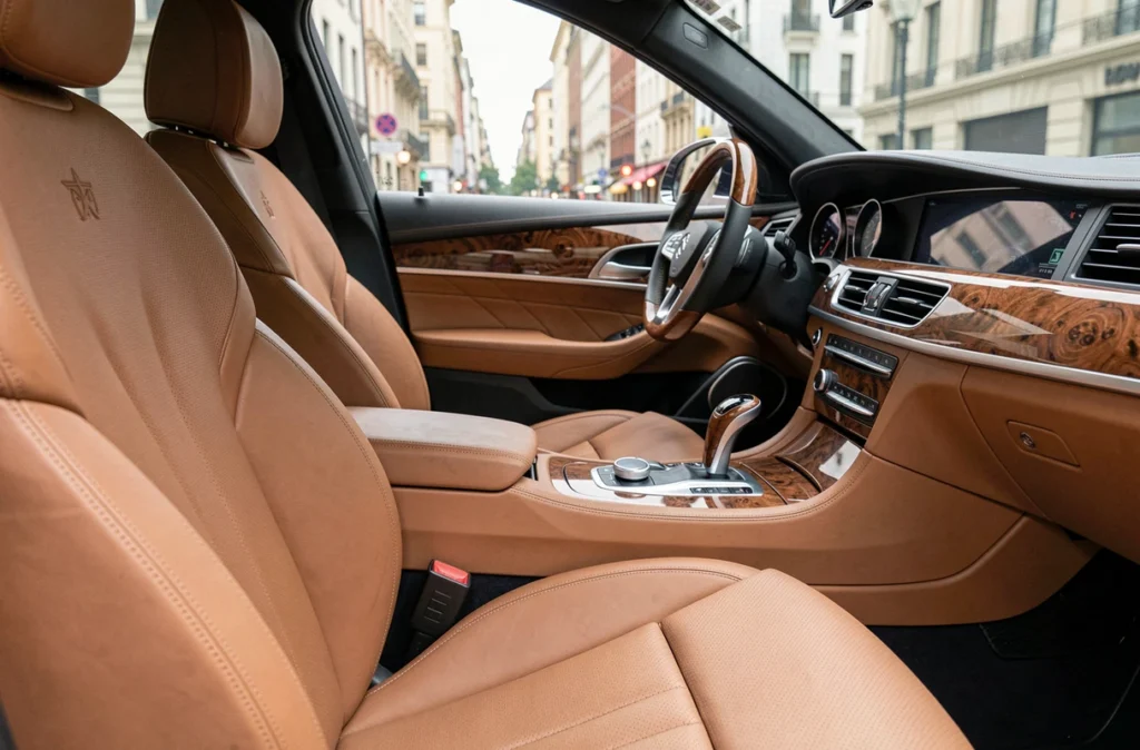Intérieur luxueux d'une voiture de prestige avec sièges en cuir et tableau de bord raffiné