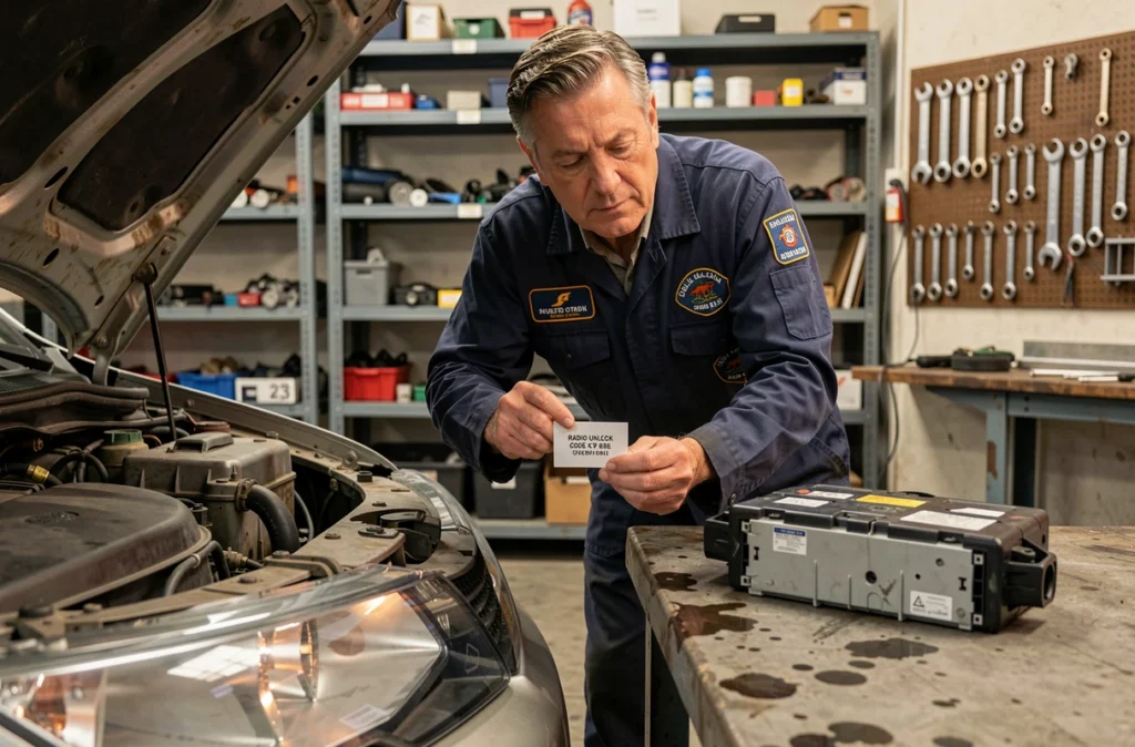 Mécanicien en atelier consultant le code de déverrouillage d'un autoradio posé sur un établi