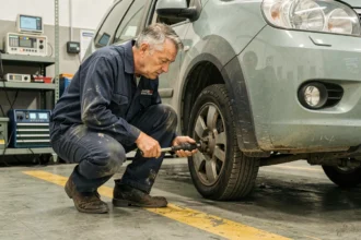 Mécanicien effectuant un contrôle technique sur une voiture dans un centre de contrôle officiel