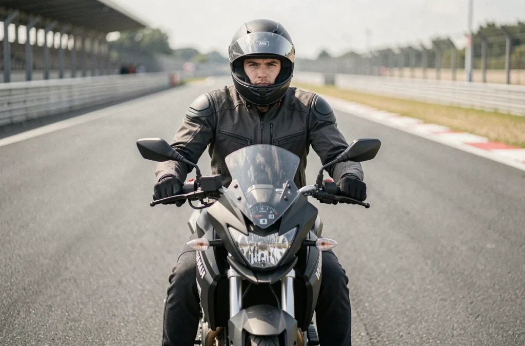 Pilote en tenue de moto sur une Yamaha MT-125 sur circuit, compteur visible en accélération