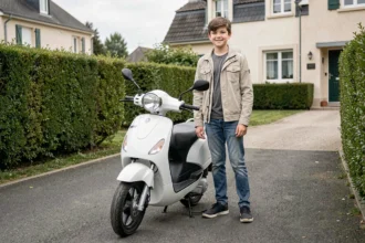 Adolescent de 14 ans debout fièrement à côté de son premier scooter 50cc neuf blanc dans une allée résidentielle