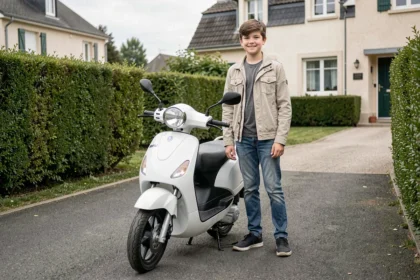 Adolescent de 14 ans debout fièrement à côté de son premier scooter 50cc neuf blanc dans une allée résidentielle