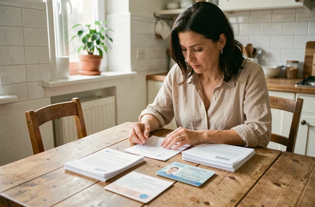 Une femme rassemble les documents nécessaires à la cession de son véhicule sur une table