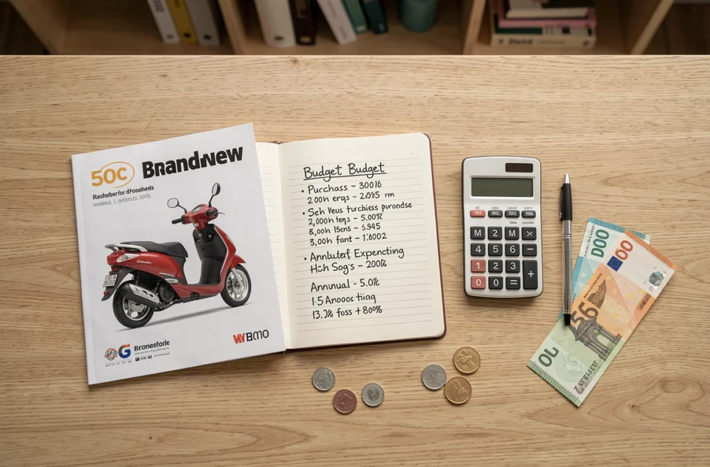 Cahier de budget ouvert avec calcul du prix réel d'un scooter 50cc neuf lors de la première année, entouré de billets et d'une brochure