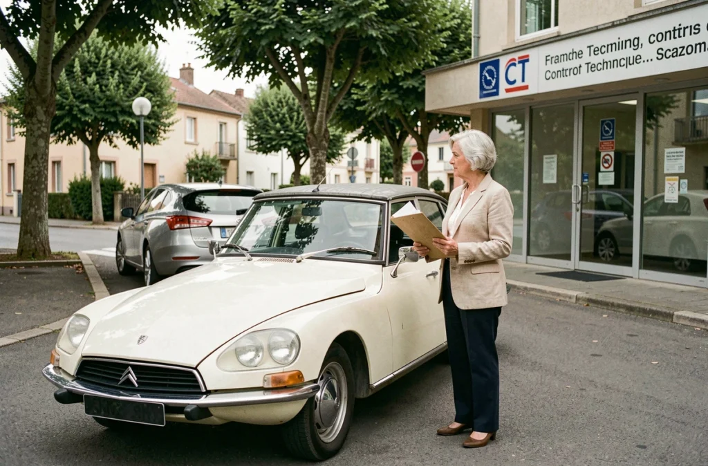 Propriétaire d'une Citroën DS de collection présentant ses documents au contrôle technique en France