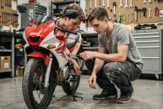 Mécanicien réglant le carburateur d'une Yamaha TZR 50cc dans un atelier