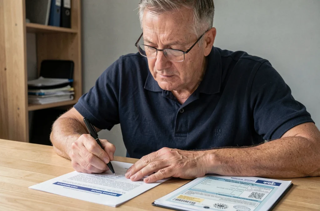Un homme remplit soigneusement le formulaire de cession de véhicule à son bureau