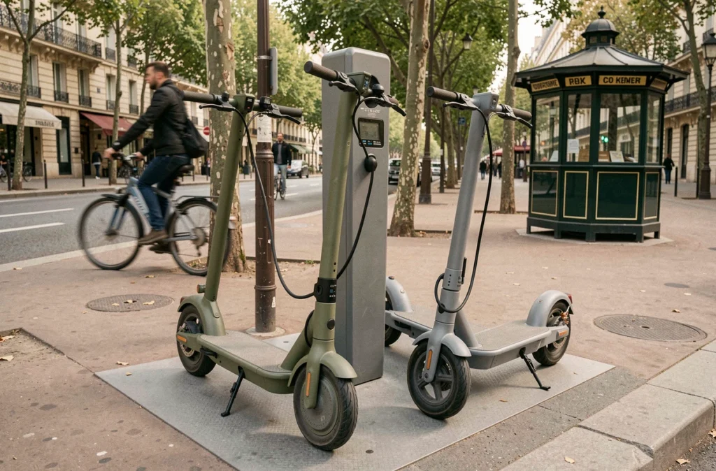 Deux scooters électriques en charge sur un trottoir parisien avec mobilier urbain