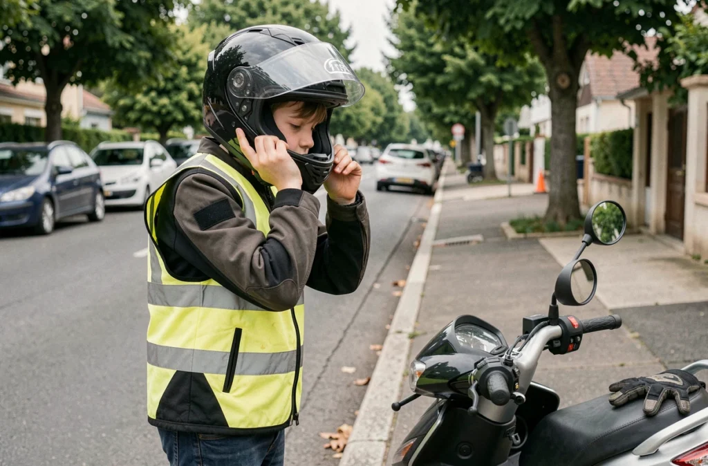 Adolescent de 14 ans enfilant un casque intégral homologué et un équipement de sécurité complet avant de prendre son scooter 50cc