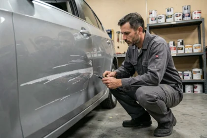 Technicien automobile inspectant une rayure profonde sur la carrosserie d'une voiture dans un atelier de carrosserie
