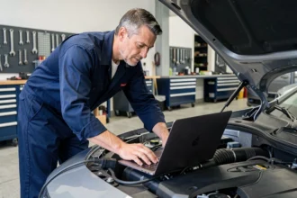 Technicien automobile connectant un ordinateur au port OBD2 d'une voiture pour une reprogrammation moteur dans un garage professionnel