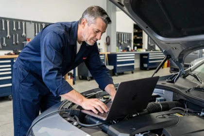 Technicien automobile connectant un ordinateur au port OBD2 d'une voiture pour une reprogrammation moteur dans un garage professionnel