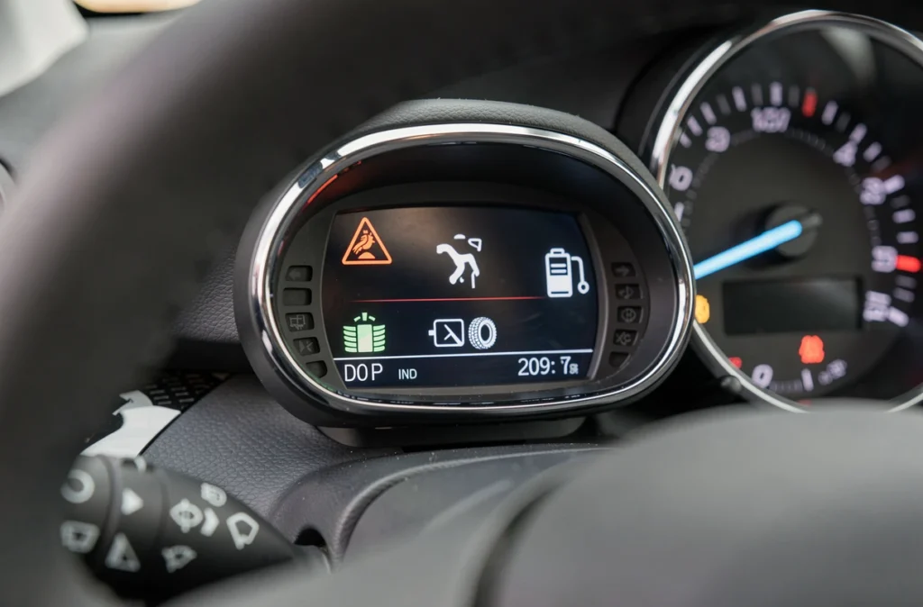 Gros plan sur les voyants du combiné d'instrumentation numérique de la Peugeot 208 incluant les icônes d'alerte moteur et batterie