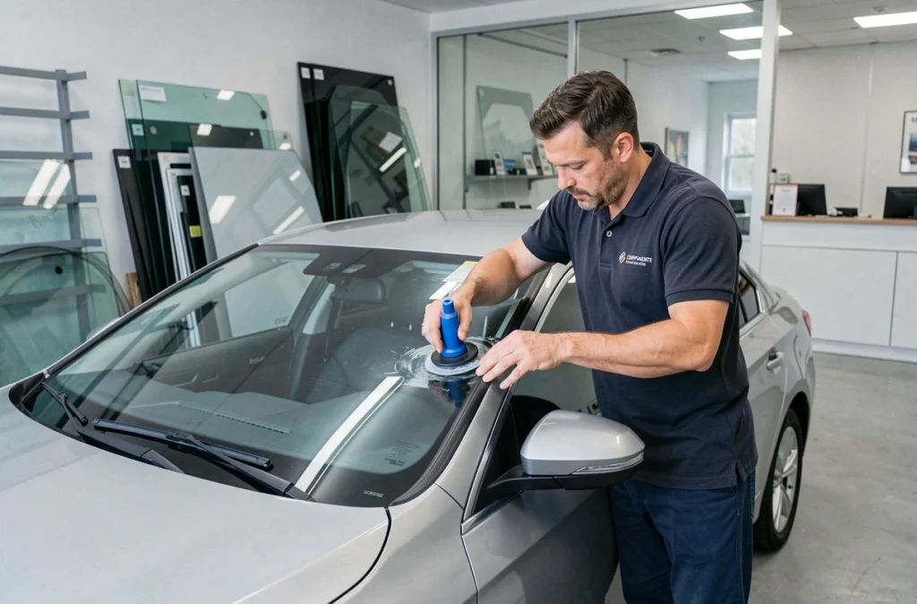 Technicien posant un pare-brise neuf sur un véhicule chez A+GLASS à Charnècles en Isère
